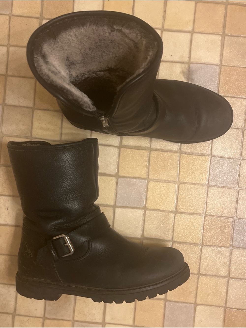Panama Jack Black Leather Shearling-Lined Biker Boots